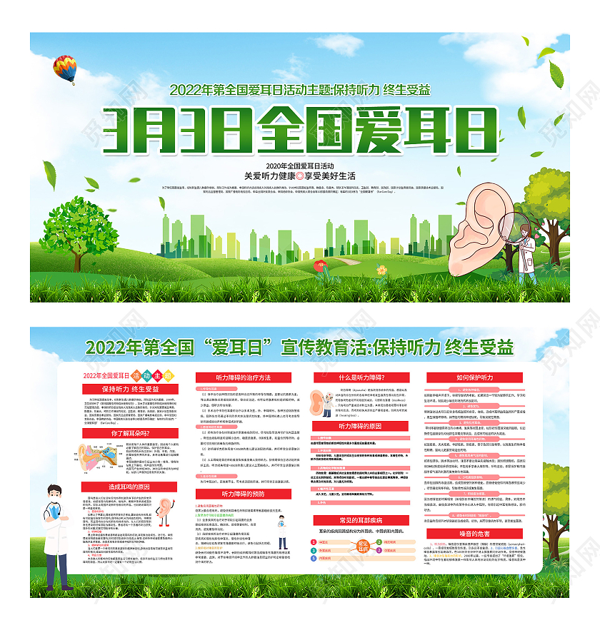 绿色小清新3月3日全国爱耳日宣传展板