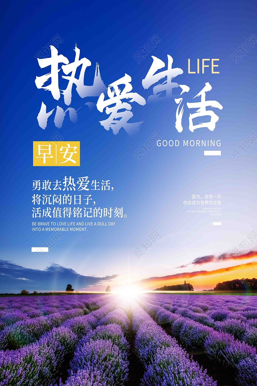 蓝色简约热爱生活早安励志正能量海报