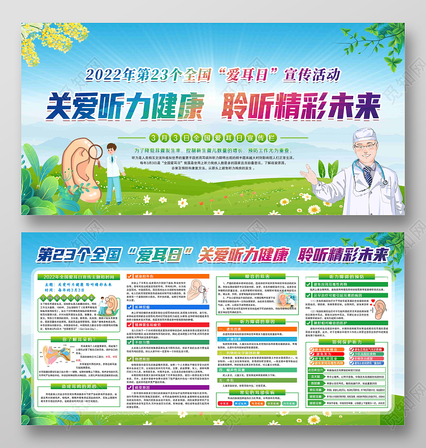 蓝色卡通风格2022年第23个全国爱耳日宣传活动展板全国爱耳日宣传栏