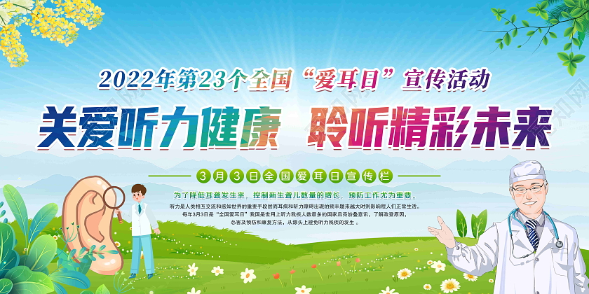 蓝色卡通风格2022年第23个全国爱耳日宣传活动展板全国爱耳日宣传栏