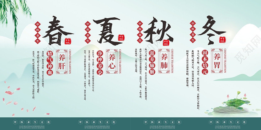 蓝色中国风水墨荷花春季养肝春夏秋冬展板背景