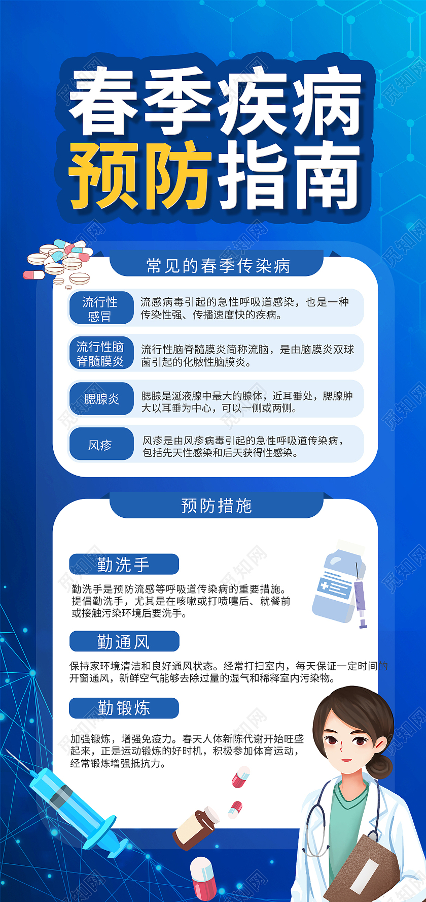 蓝色简约插画疫情防护指南手机海报春季疾病预防指南