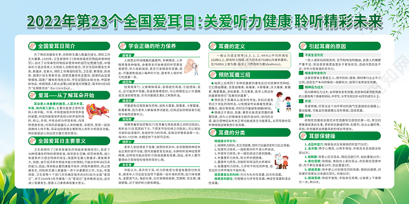 绿色卡通全国爱耳日关爱听力健康聆听精彩未来宣传栏全国爱耳日全国爱耳日宣传栏