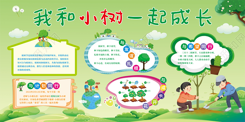 绿色渐变卡通背景我和小树一起成长幼儿园植树节展板