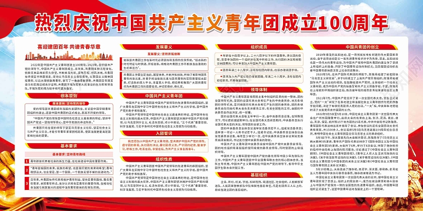 红色热烈庆祝中国共产主义青年团成立100周年宣传栏