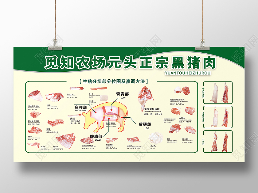 白色绿色简约大气水墨猪肉黑猪肉美食展板宣传黑猪展板