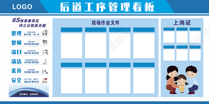 蓝色线框展板6S企业管理公司管理看板