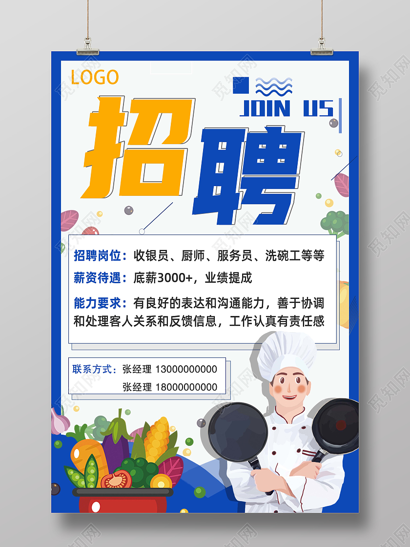 蓝色扁平化卡通人物餐厅饭店厨师招聘海报饭店招聘海报