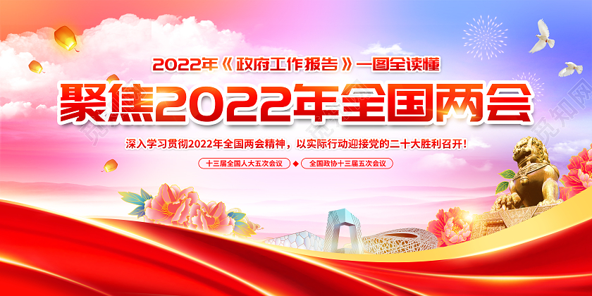 水彩风格2022聚焦全国两会宣传栏2022年全国两会政府工作报告宣传栏