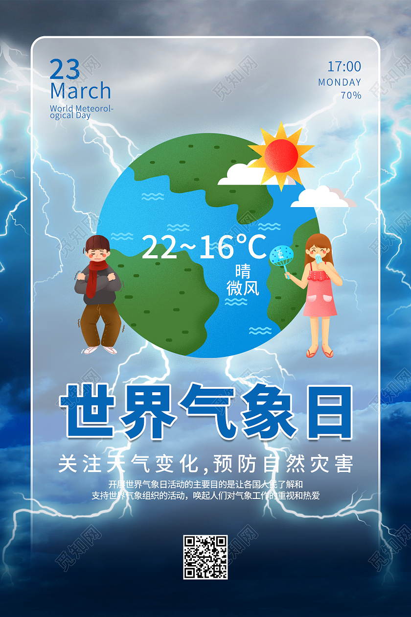 蓝色手绘世界气象日地球上的天气世界气象日海报