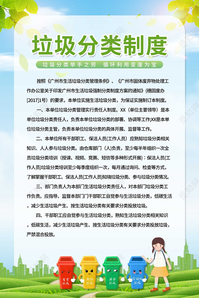 绿色创意清新风生活垃圾分类投放指南宣传海报垃圾分类管理制度