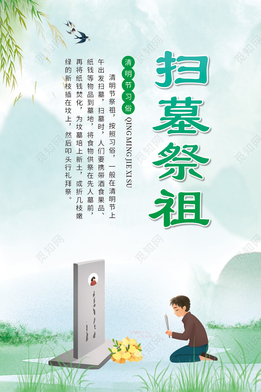 绿色卡通清明节习俗套图清明节清明习俗系列海报