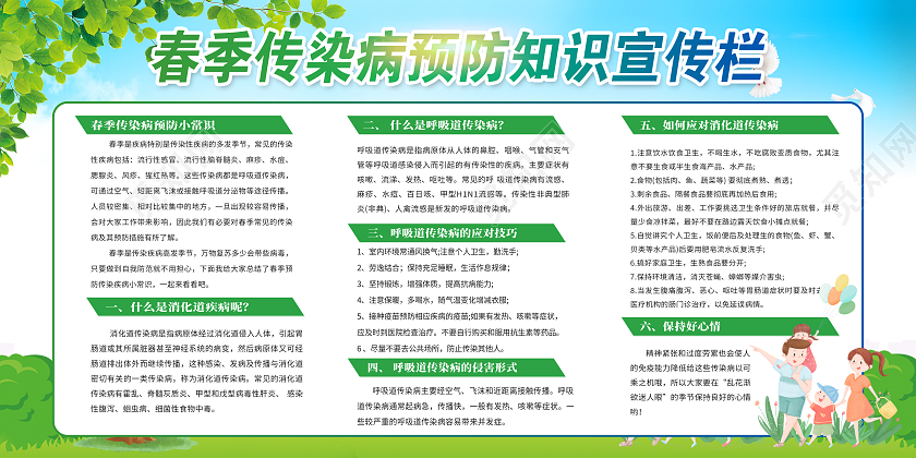 绿色简约春季传染病与防治知识宣传栏春季流感宣传栏