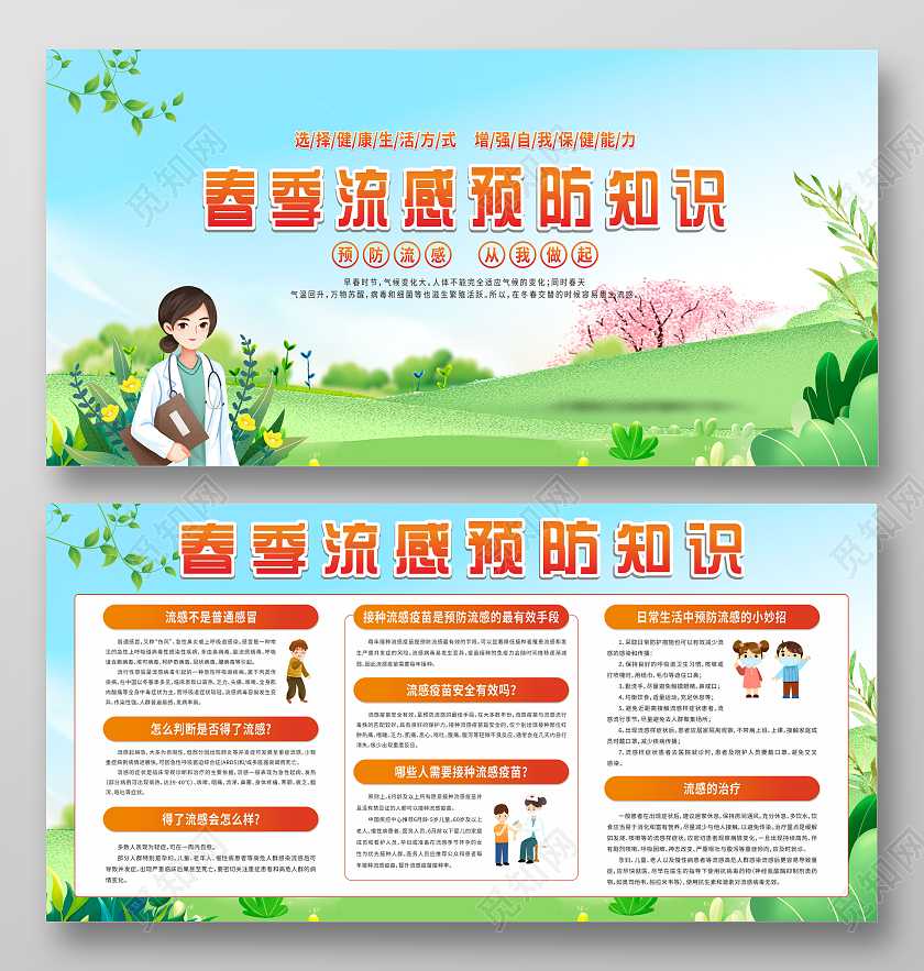 绿色卡通春季流感预防知识宣传栏春季流感宣传栏