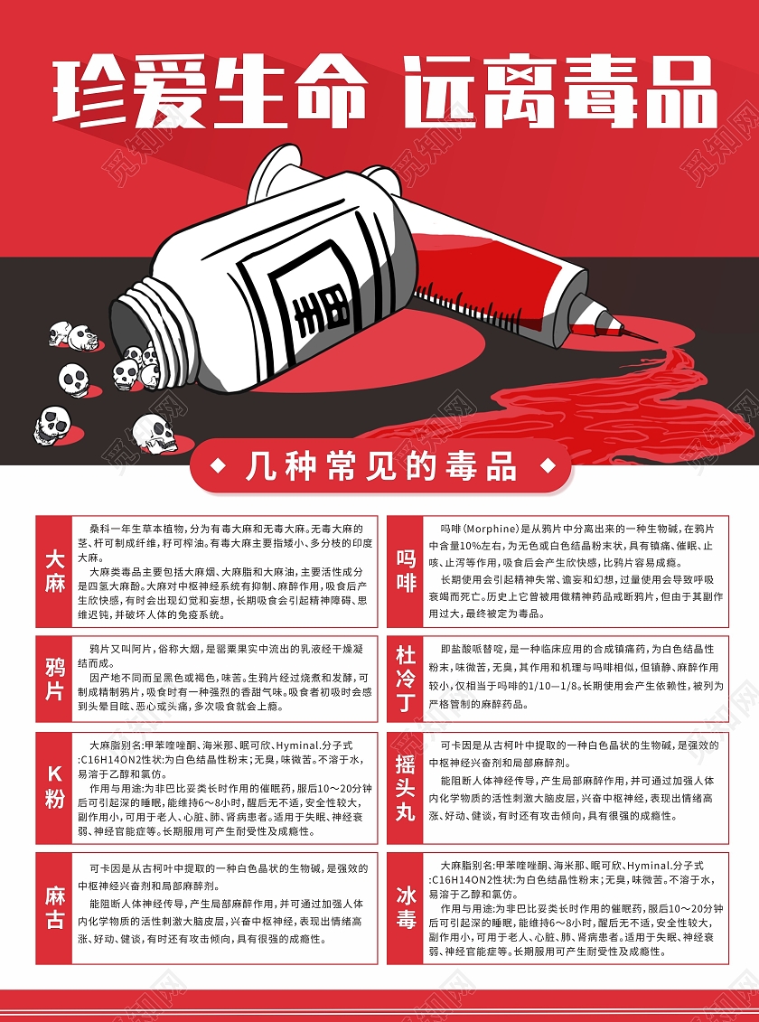 红色珍爱生命远离毒品青少年安全健康科普禁毒宣传单