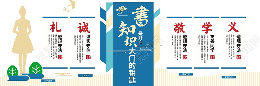 蓝色大气知识就是力量创意文化墙宣传文化墙创意校园文化墙