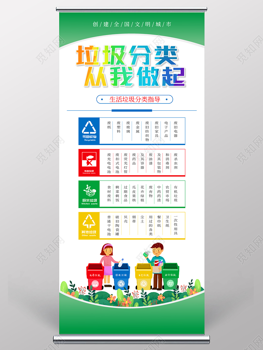 彩色渐变卡通风垃圾分类从我做起展架垃圾分类展架