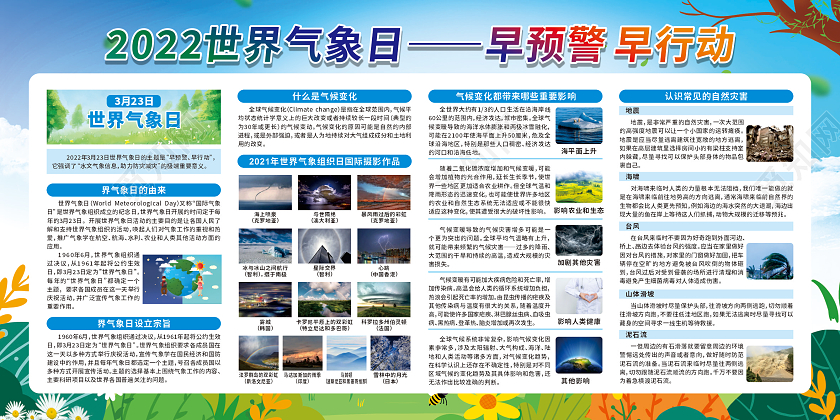 蓝色世界气象日早预警早行动宣传栏世界气象日宣传栏