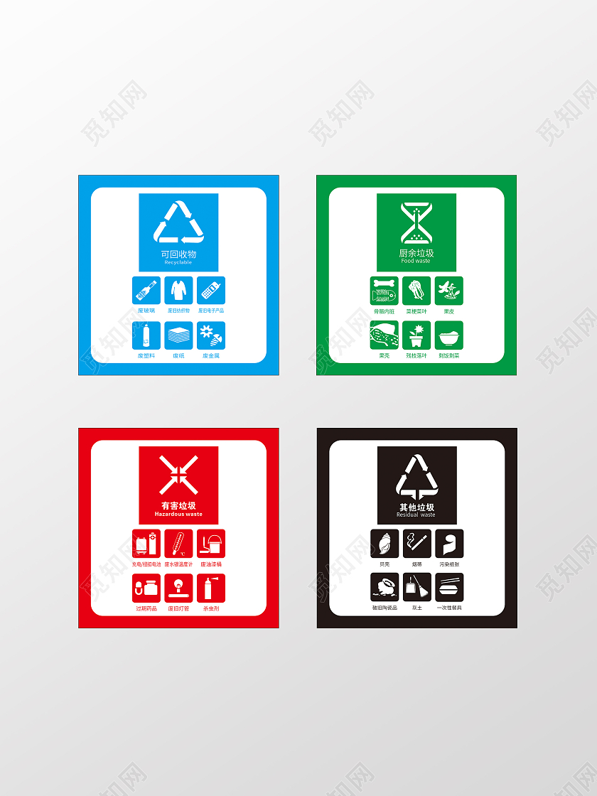 蓝绿红黑   简约灵感 垃圾分类标识   垃圾分类标识
