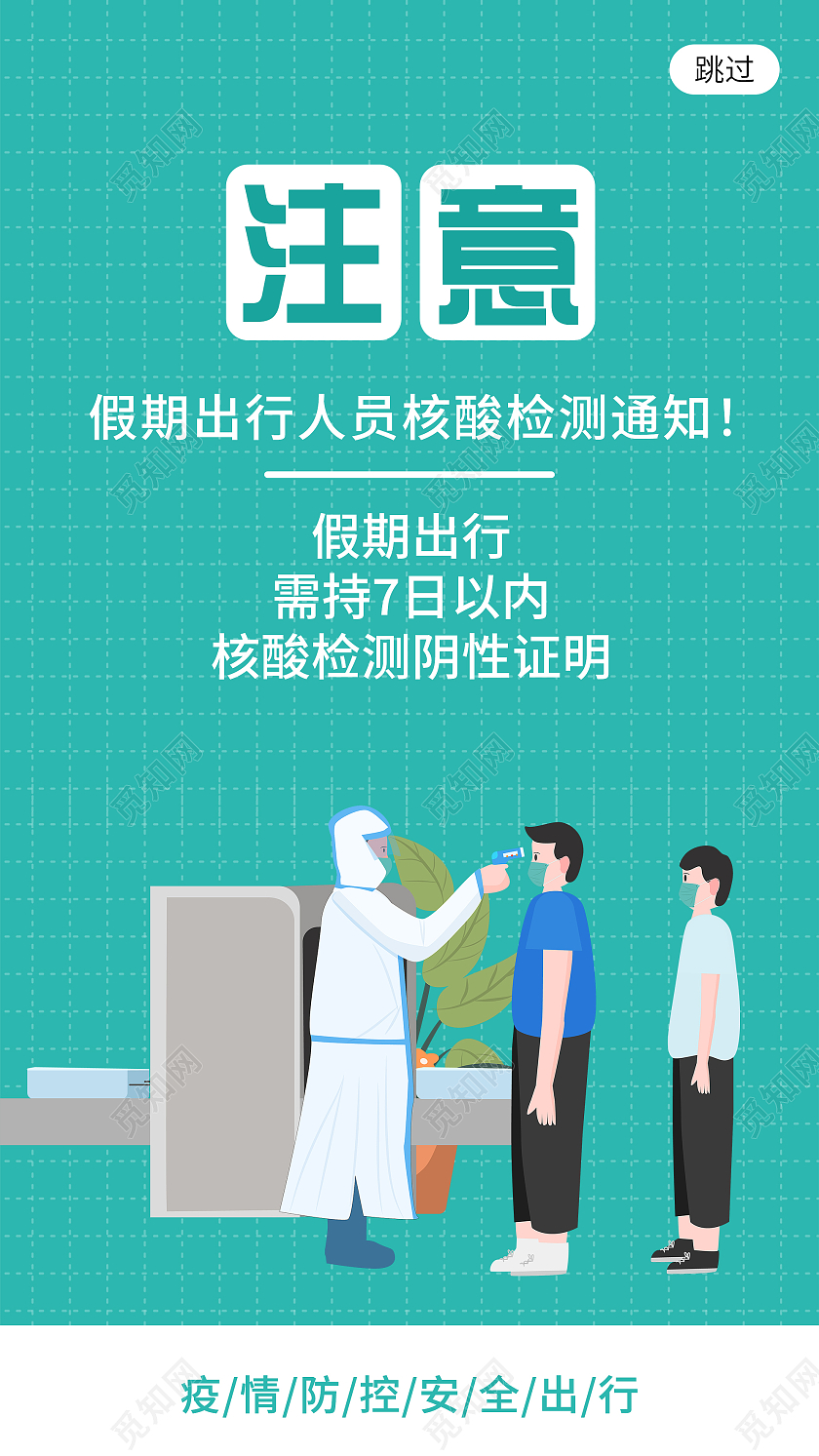 绿色卡通注意假期出行人员核酸检测通知UI手机海报疫情防护海报