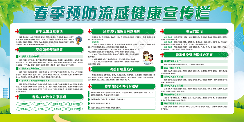 蓝色卡通春季流感预防知识宣传栏春季流感宣传栏