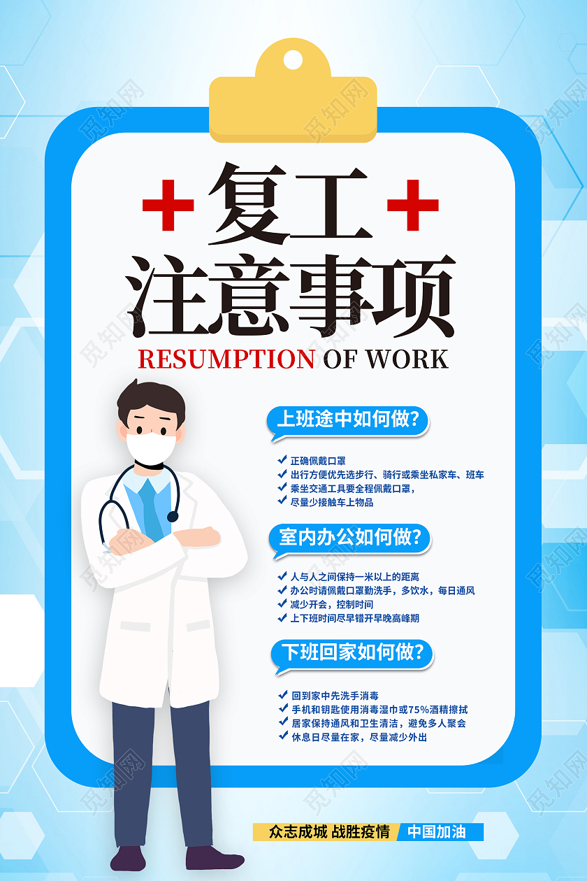 蓝色简约复产复工复工注意事项海报