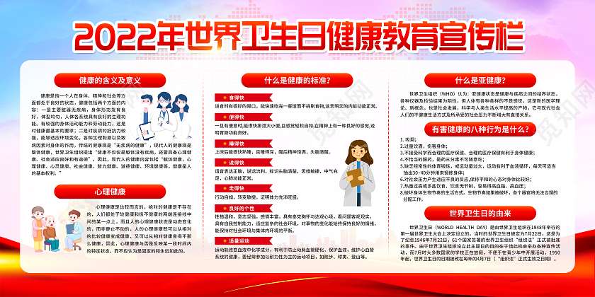 红色简约背景世界卫生日健康教育宣传栏世界卫生日宣传栏