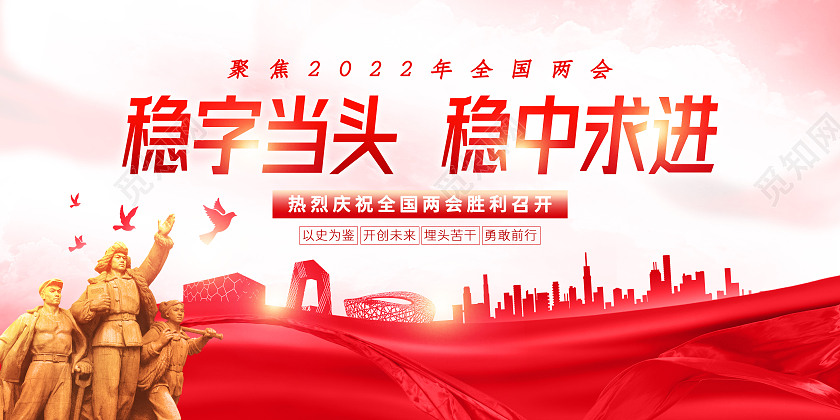 红色中国风中国2022两会稳字当头稳中求进全国两会精神展板党建党政党课全国两会