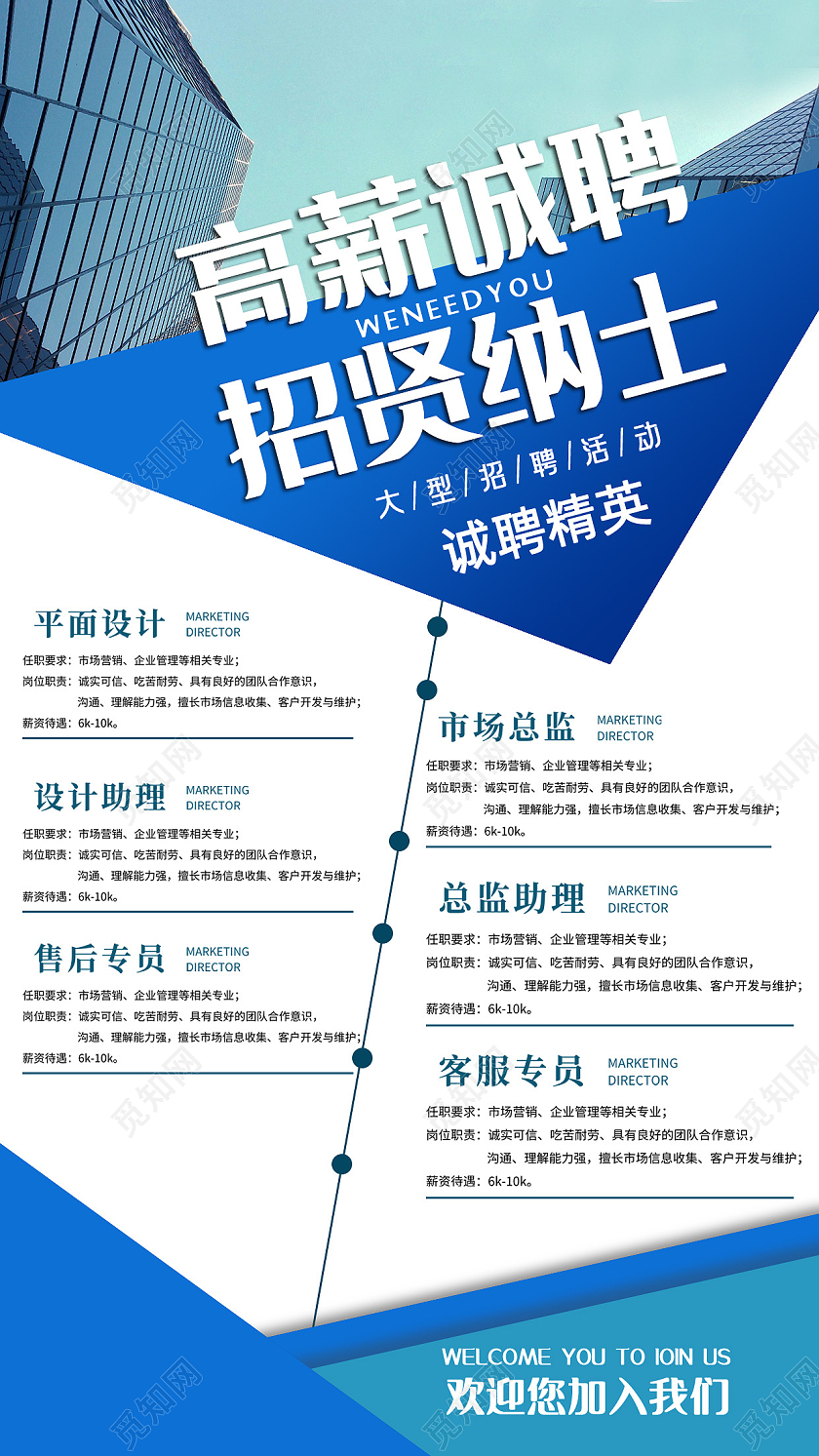 蓝色商务招聘宣传海报招聘营销海报