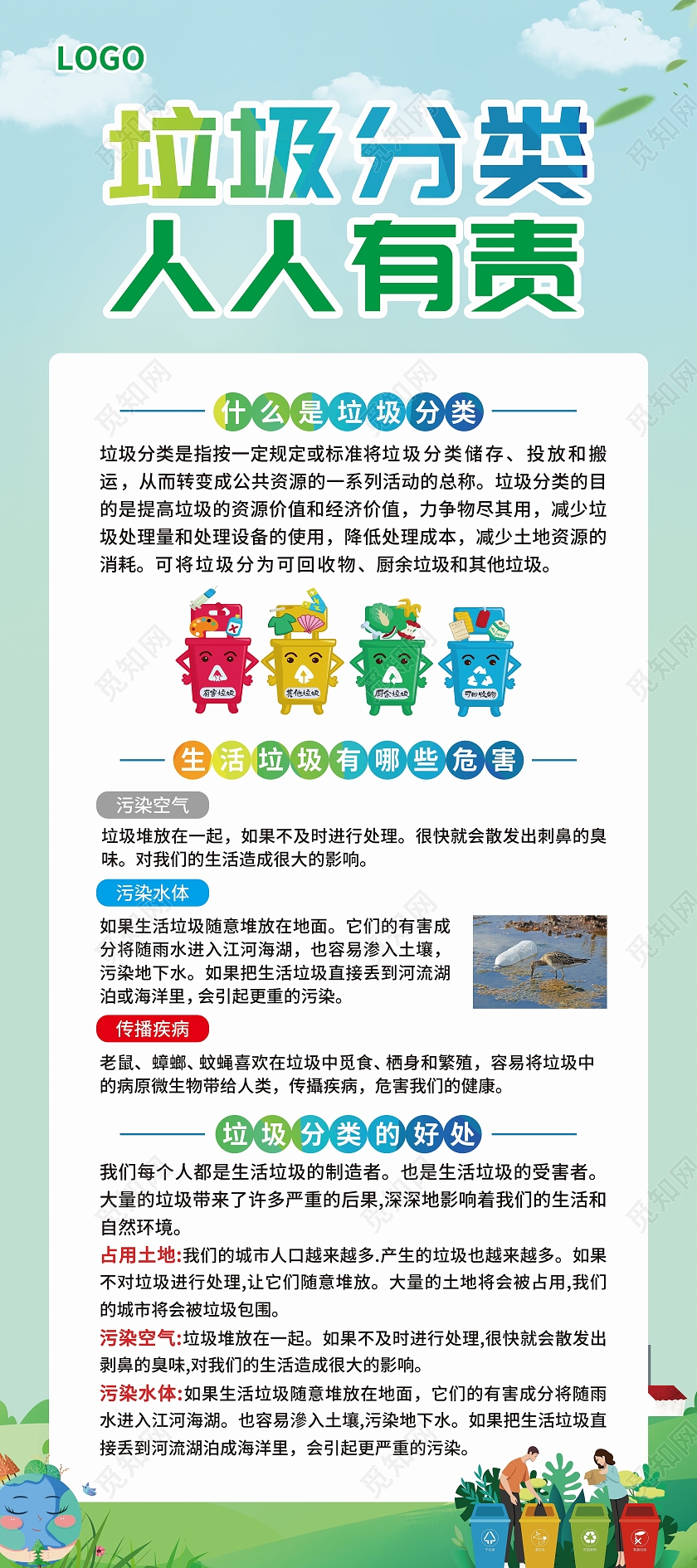 绿色简约大气水彩渐变风垃圾分类人人有责垃圾分类展架垃圾分类易拉宝X展架