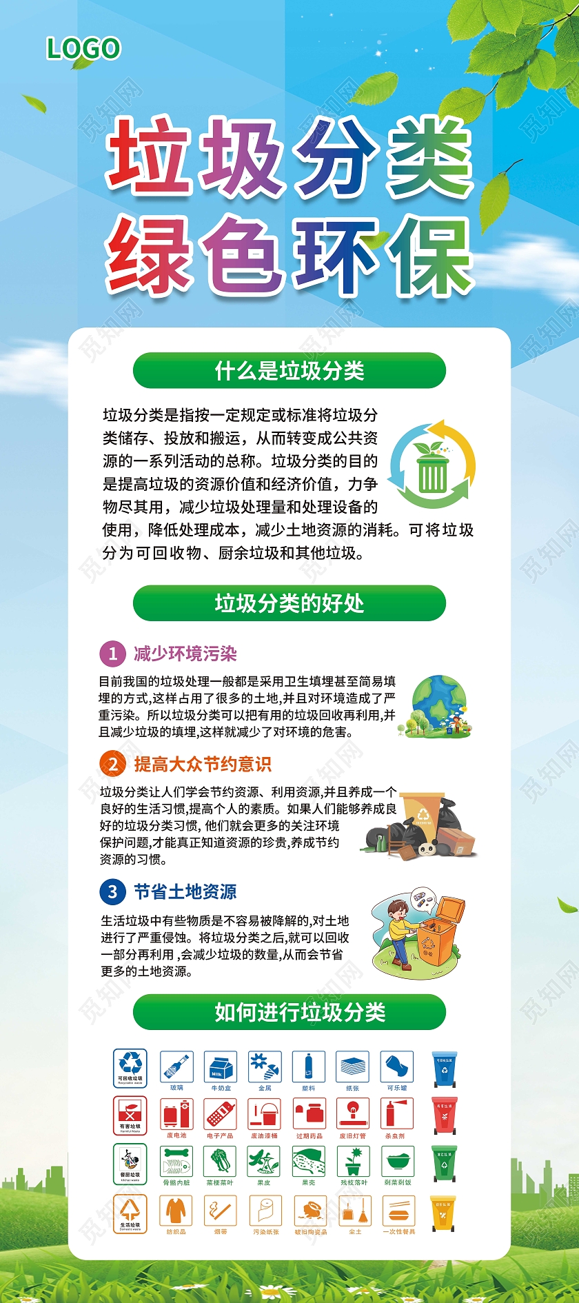 蓝绿色简约大气水彩水墨风垃圾分类绿色环保垃圾分类展架垃圾分类易拉宝X展架