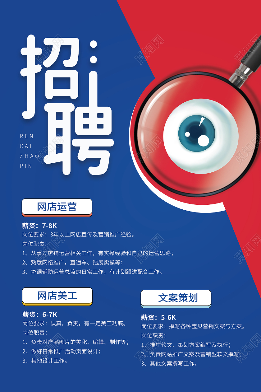 蓝色简约创意卡通放大镜眼睛招聘海报