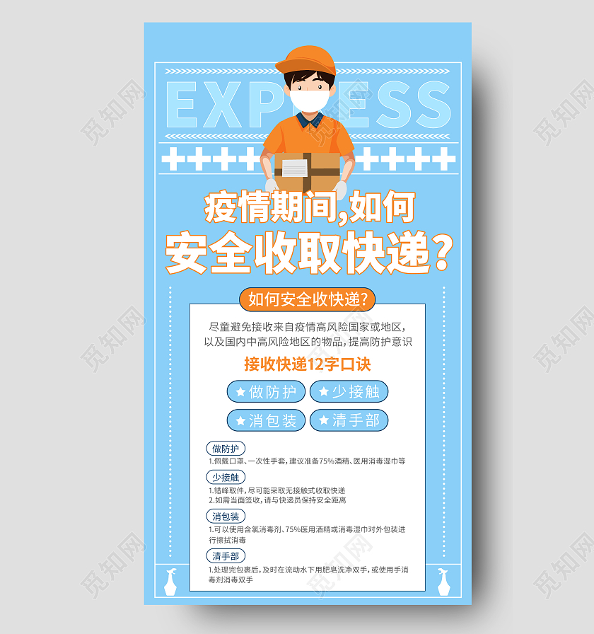 浅蓝色简约风疫情期间如何安全取快递手机海报疫情取快递手机海报