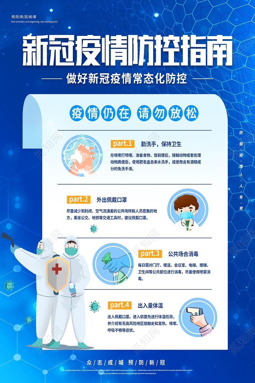 蓝色卡通新冠疫情防控指南疫情海报