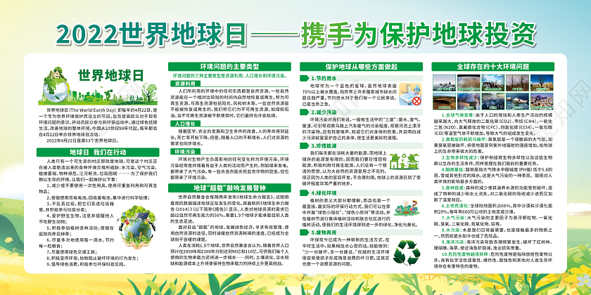 绿色卡通世界地球日携手为保护地球投资宣传栏世界地球日宣传栏