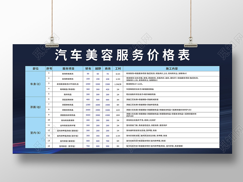 蓝色简约大气汽车美容服务价格表宣传展板宣传栏汽车美容价格表