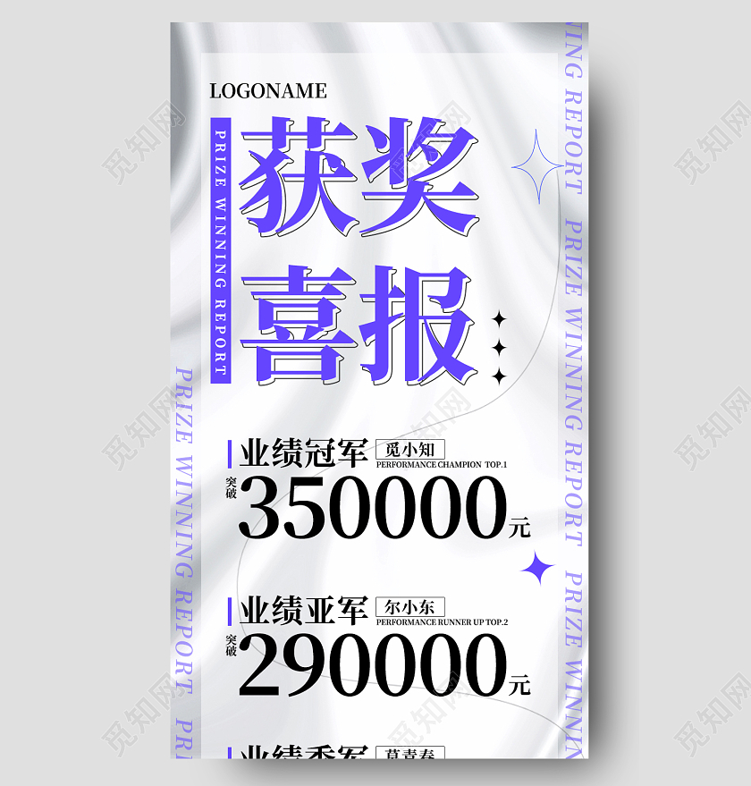 紫白色酸性获奖喜报业绩捷报手机长图获奖喜报长图