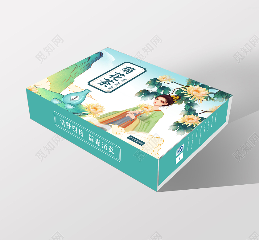 蓝色国潮背景菊花国潮美女菊花茶包装茶叶包装花茶包装礼盒