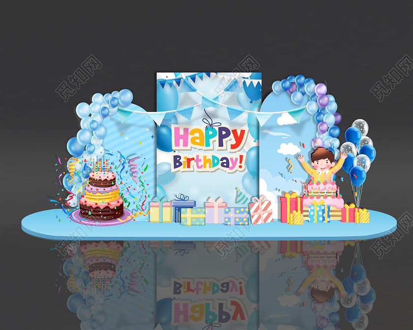 蓝色卡通可爱happybirthday宝宝生日宴美陈宝宝生日宴生日会场景布置美陈