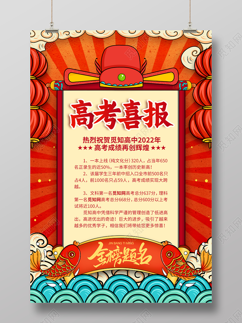 手绘国潮2022高考喜报高考宣传海报设计