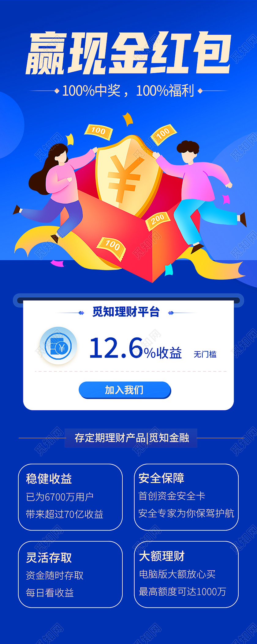 蓝色卡通存定期赢现金红包理财长图许愿墙