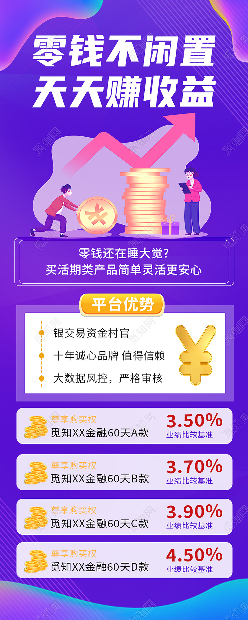 紫色简约零钱不闲置天天赚收益理财长图减肥代金券