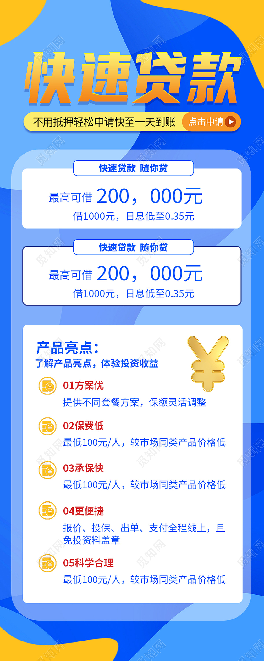 蓝色简约快速贷款金融理财投资理财长图减肥代金券