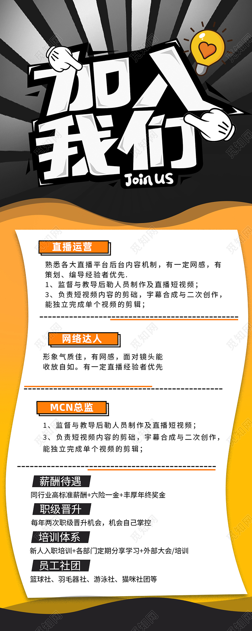 黄色卡通加入我们招贤纳士招聘长图硬笔书法