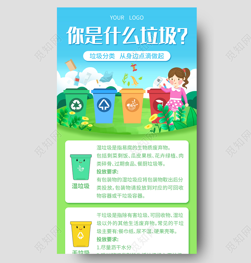 绿色插画你是什么垃圾垃圾分类长图