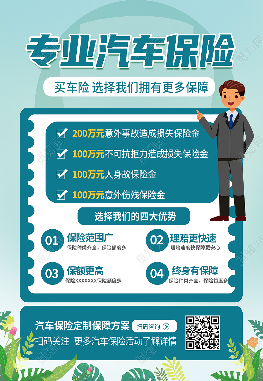 蓝色简约清新专业汽车保险车险海报背景汽车海报