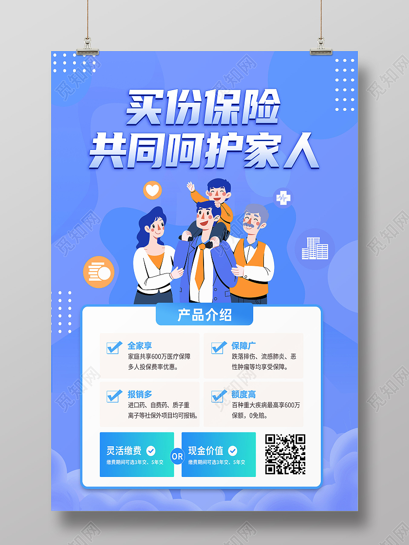 蓝色卡通买份保险共同呵护家人保险海报