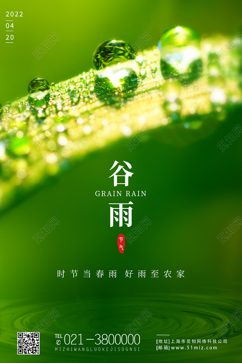 绿色简约谷雨二十四节气节气谷雨节日海报