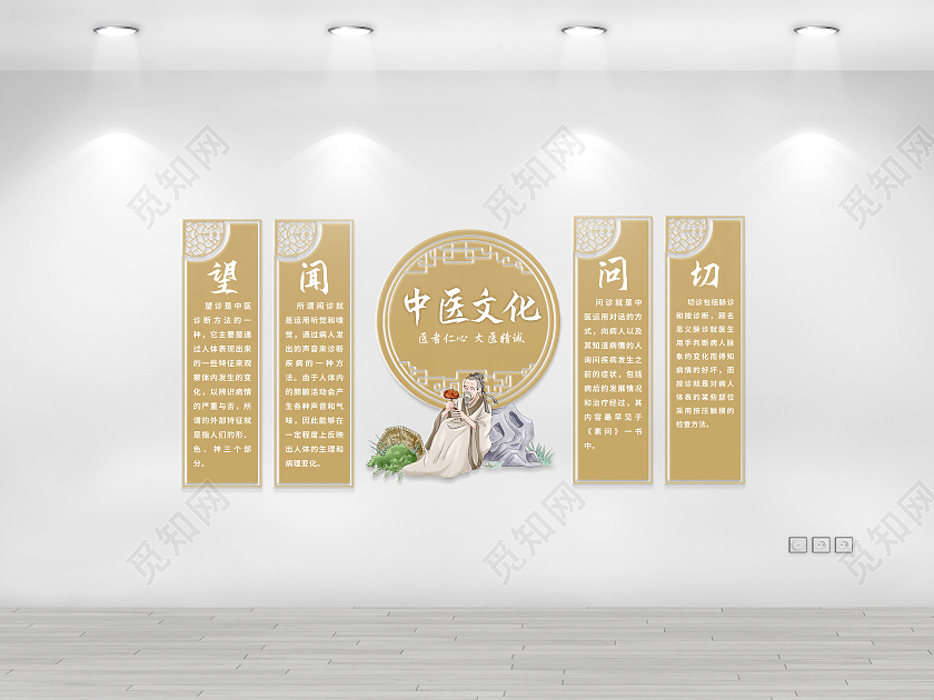 金色白色相接古典人物中药中医文化墙