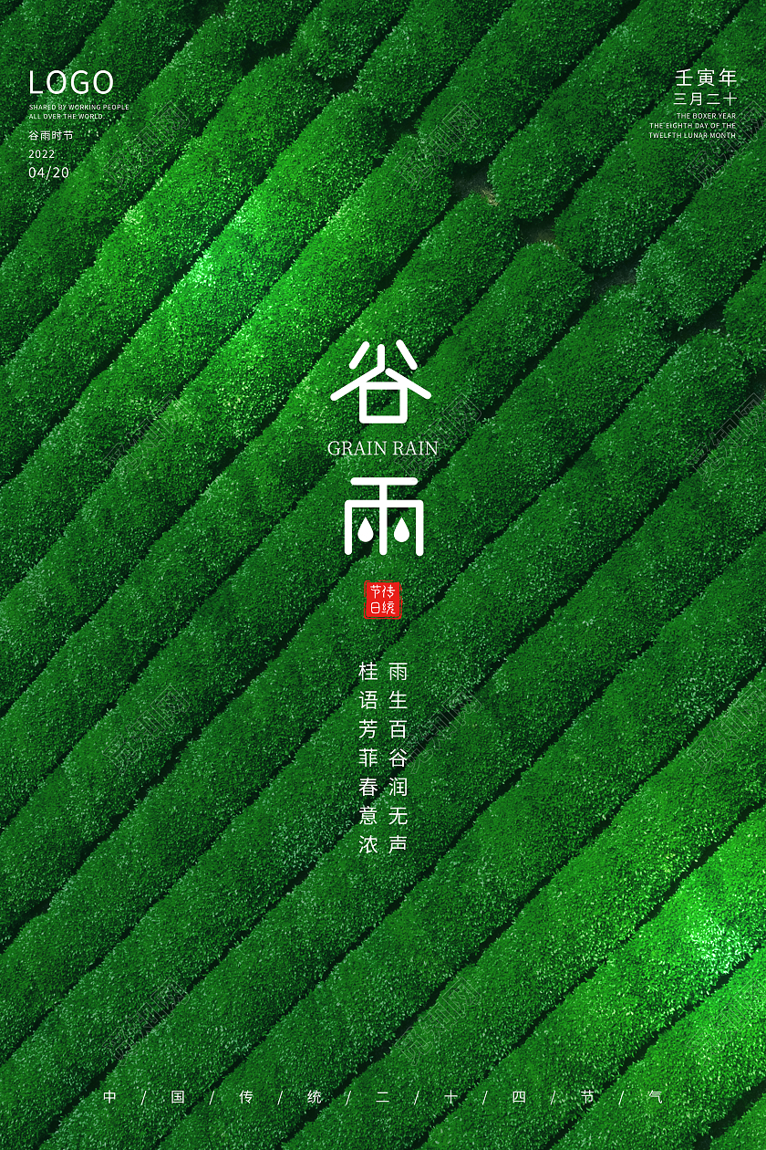 绿色简约谷雨二十四节气传统节气谷雨节日海报